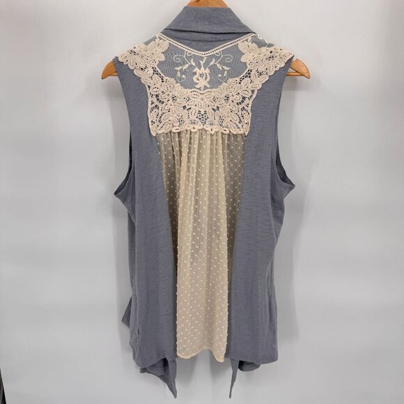 LOGO Cardigan Vest Womens XL Blue Cotton Cream‎ Swiss Dot Lace-Trimmed Back - Picture 7 of 9